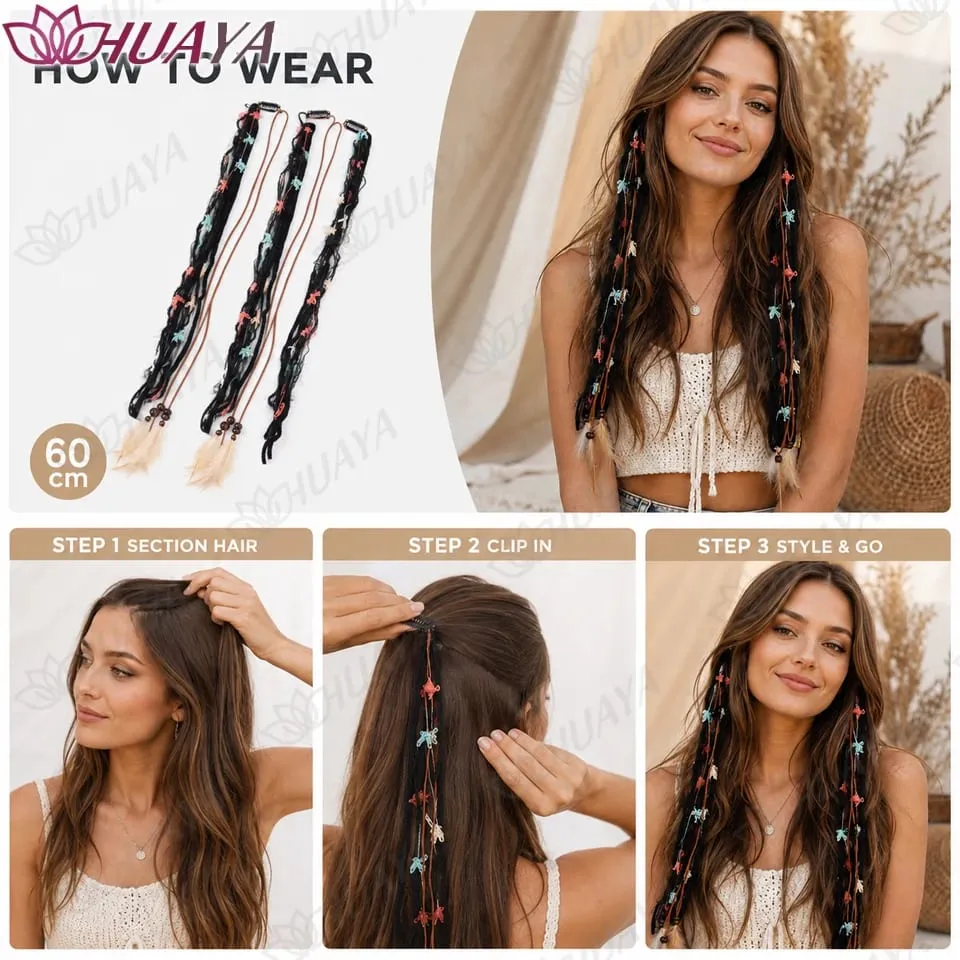 Boho Clip In Synthetic Fiber Hair Extensions Feather Beads Yarn Braids Hair Accessories Festival Hair Pieces for Women — image 5