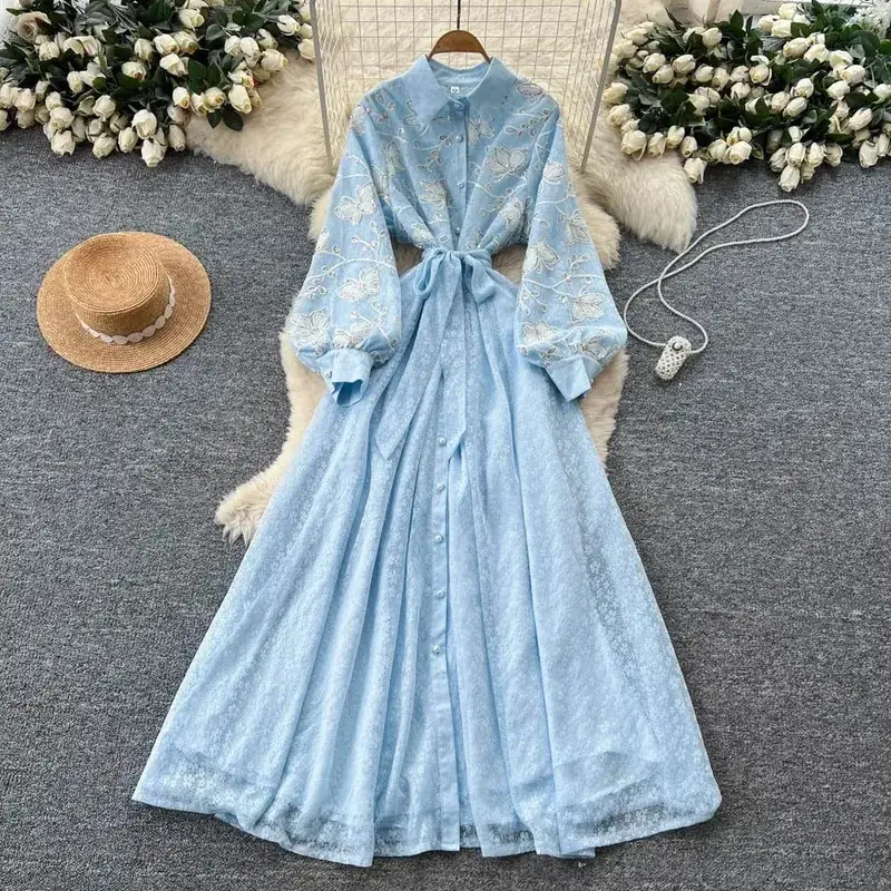 French Vintage Lace Embroidered Lapel Lantern Sleeve Dress Women Korean Slim Fit Waist Mesh Slim Long Dress — image 9