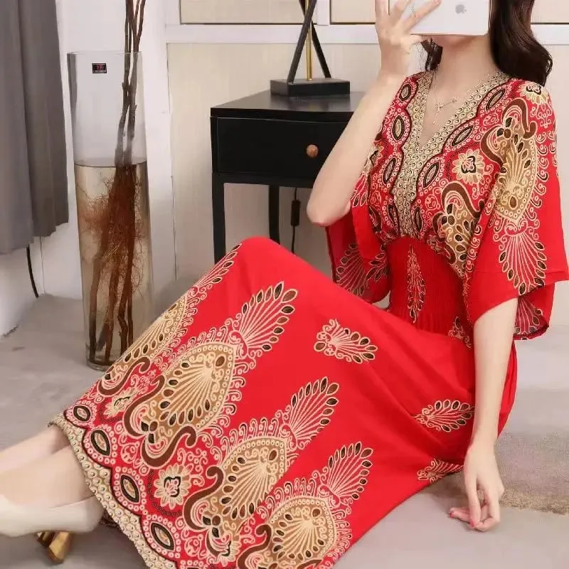 Na co dzień elegancki retro czeski styl narodowy dekolt w serek w pasie duża huśtawka z nadrukiem letnia długa spódnica kobieca sukienka ubrania