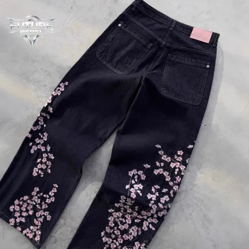 Unisex Jeans Harajuku European American Streetwear Embroidered Denim Pants Vintage Floral Loose Fit Straight Wide Leg Casual New — image 2