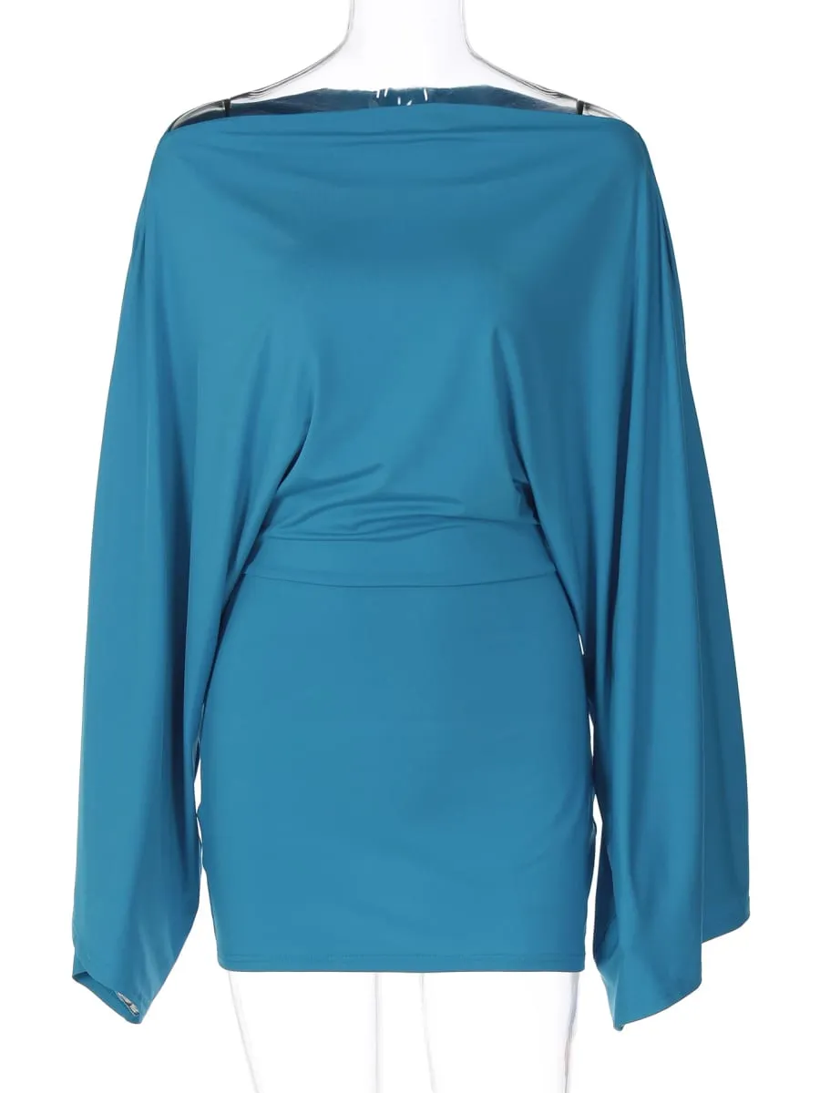 Hugcitar Solid Long Cloak Sleeve Sexy Loose Sexy Ruched Sexy Bodycon Mini Dress Fall Winter Women Fashion Outfit Party Festival — image 6