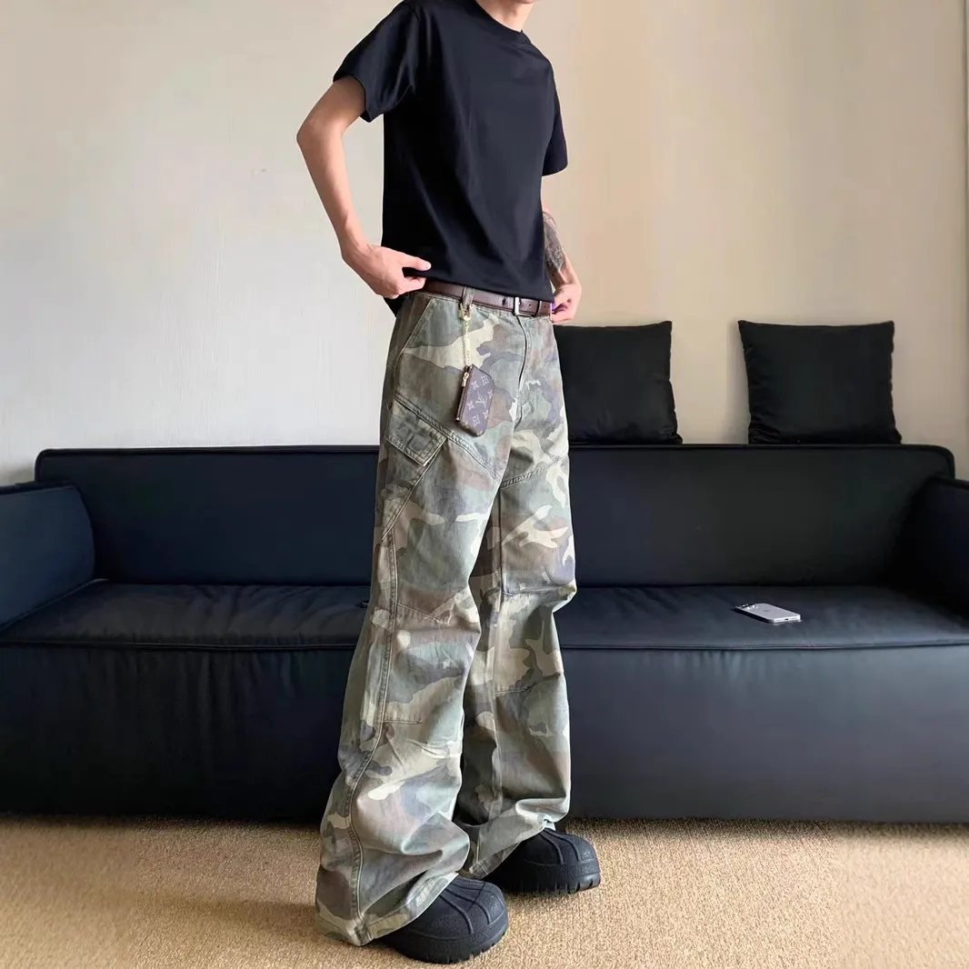 Mens Camouflage Cargo Pants Slim Straight Hiphop Jeans High Street Multi Pocket Micro Flare Trousers Streetwear