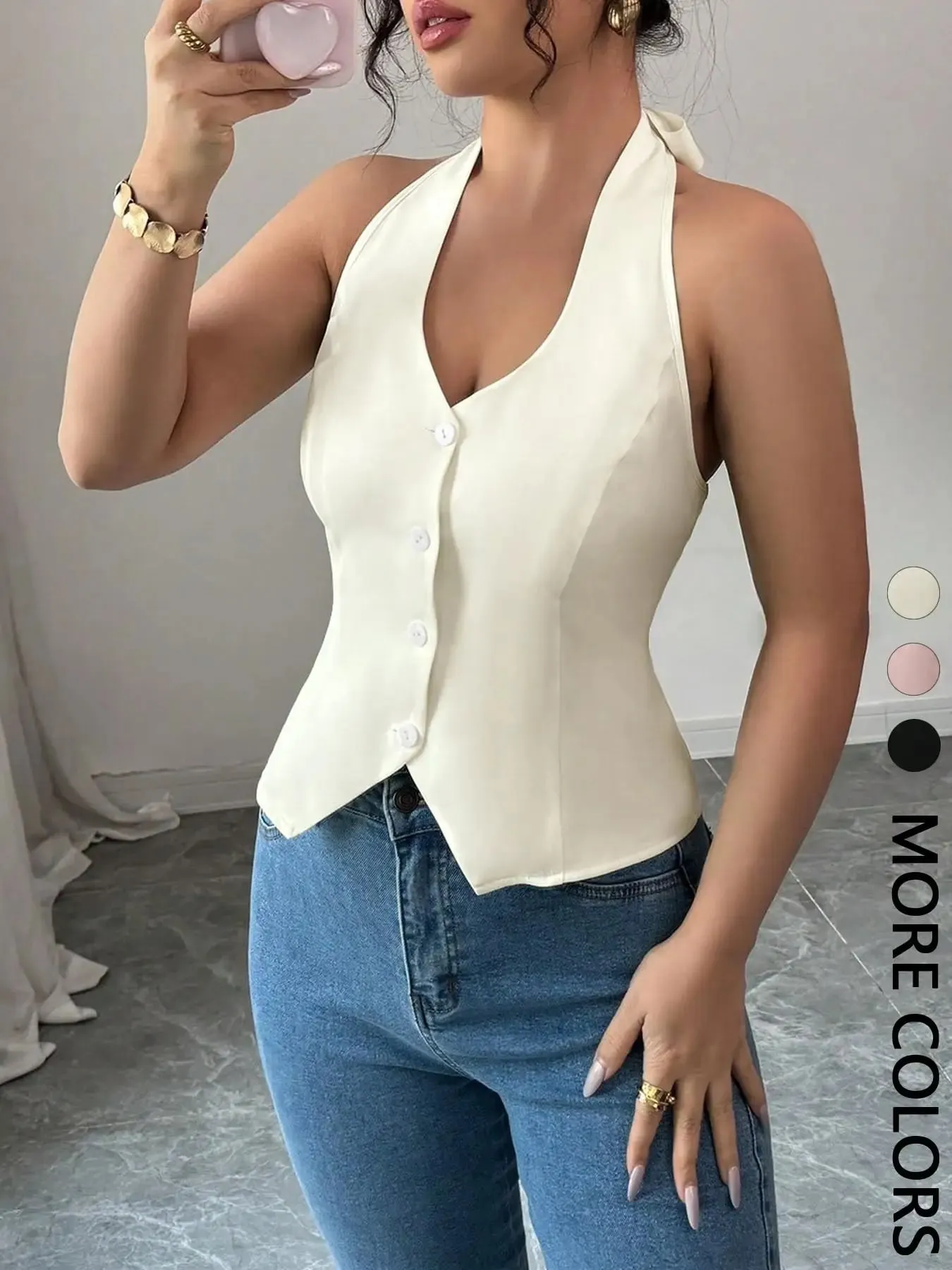 Women's Solid Color Casual Button-Up Halter Top Tank Vest One Piece Comfortable Breathable Fashionable Summer Wear