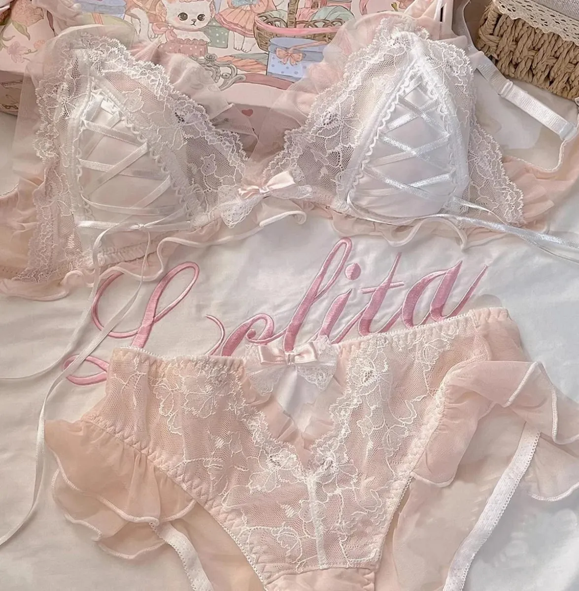 Lolita Style Thin Lace Triangle Cup Bra Set for Women Cute Small Bust Sexy Lingerie Underwear