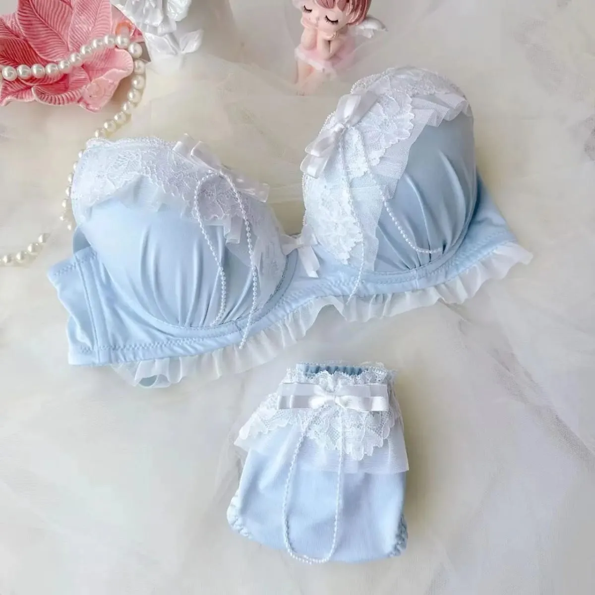 Soutien-gorge brodé push up pour femmes, bonnets fins, style collégial, pour étudiantes, filles, mignon, rassemblé, sous-vêtements sexy, ensemble de soutien-gorge
