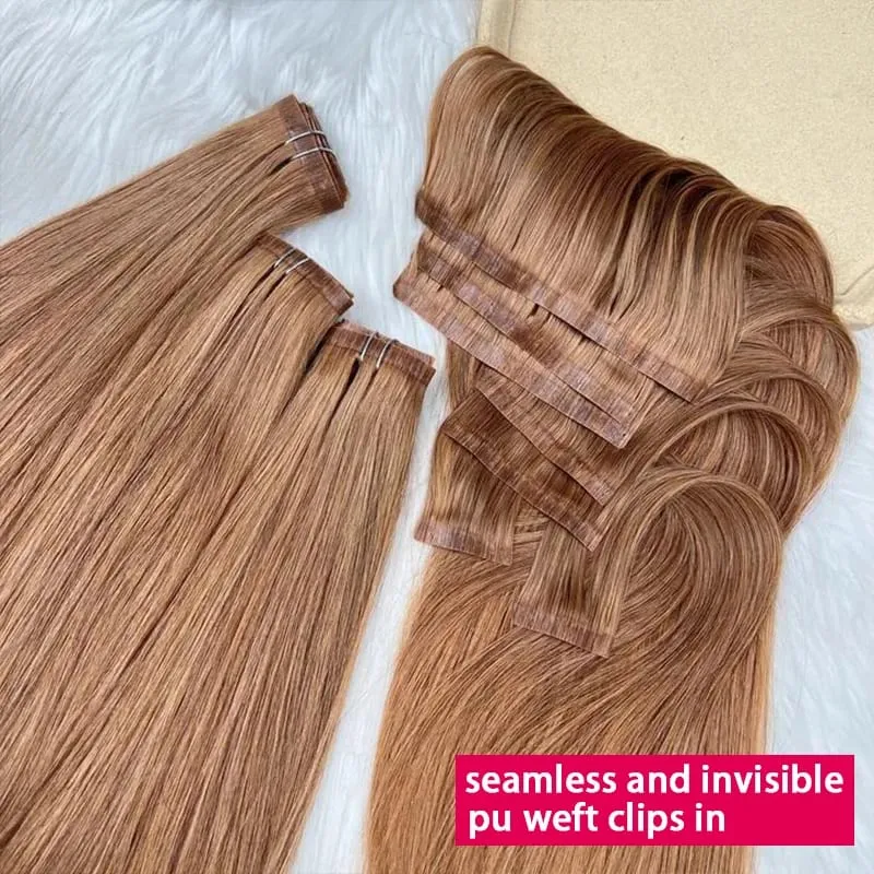 #30 Color Straight Invisible Seamless Clip in Hair Extensions PU Clip Ins 7Pcs/Set 100g 100% Raw Virgin Human Hair Full Head — image 3