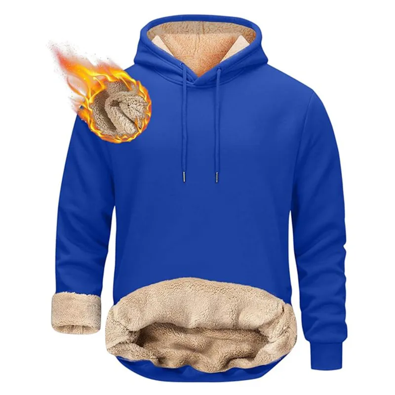 Winter Men's Warm Hoodies Sports Thick Sweatshirts Windproof Thermal Casual Solid Color Loose Long Sleeve Pullover Streetwear