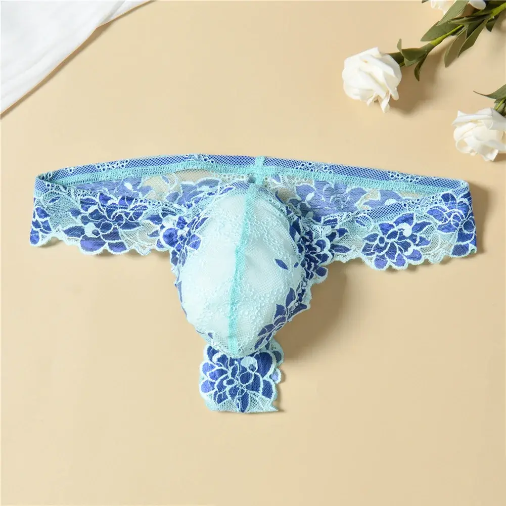Men Floral Lace Thong Low Rise Elastic Waist G‑String Breathable See‑Through Floral Print Male Underwear Sexy Lingerie Panties