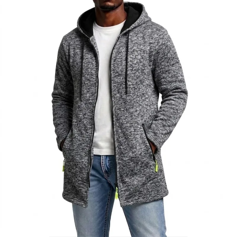 New Men's Zip Up Hoodie Casual Mid-Length Sweatshirts Fleece Jacket Warm Winter Hooded Trench Coat Outerwear with Zipper Pockets