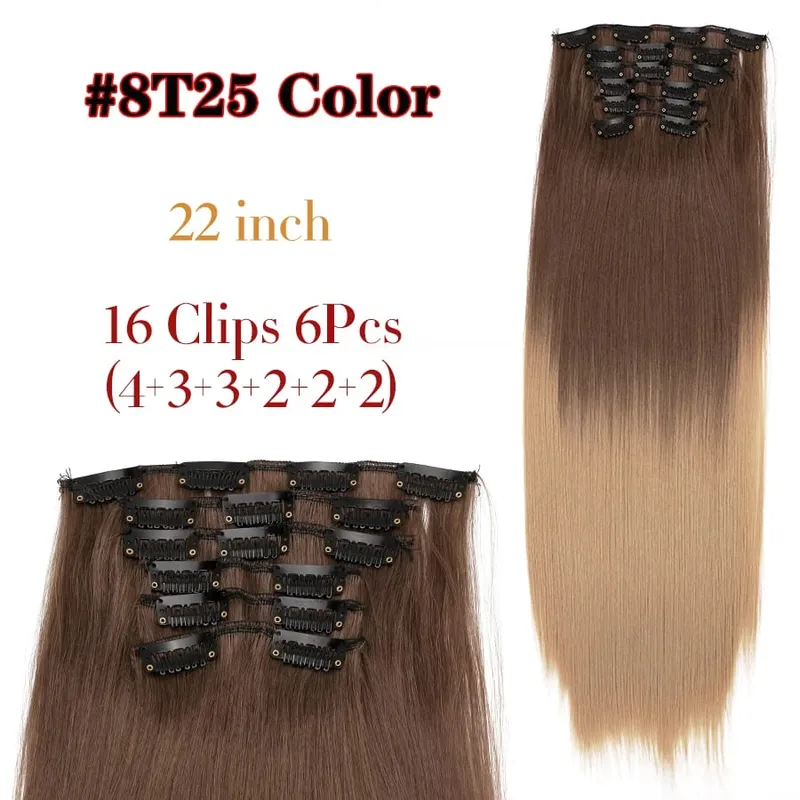 Black Clip In Extensions Straight 22" Long Synthetic Thick Clips On Hair Piece For Women 6Pcs/Set Curly Full Head Weddings Daily