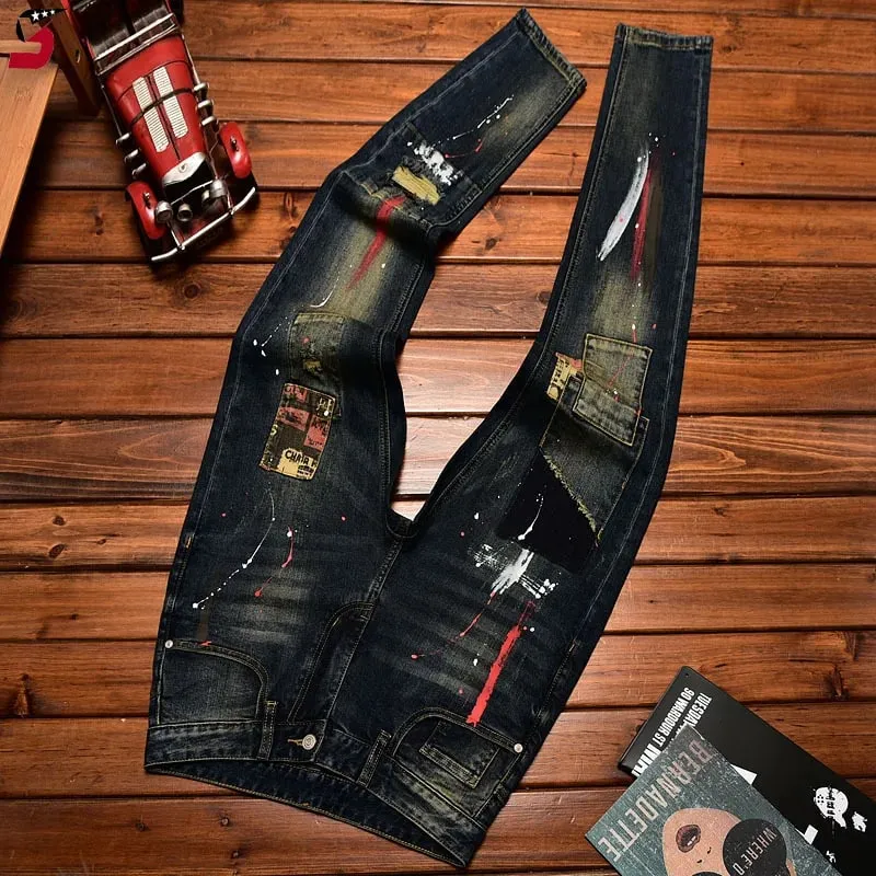 High Street Fashion Men Jeans Retro Blue Elastic Slim Fit Ripped Jeans Men Vintage Designer Stretch Casual Denim Pants Hombre