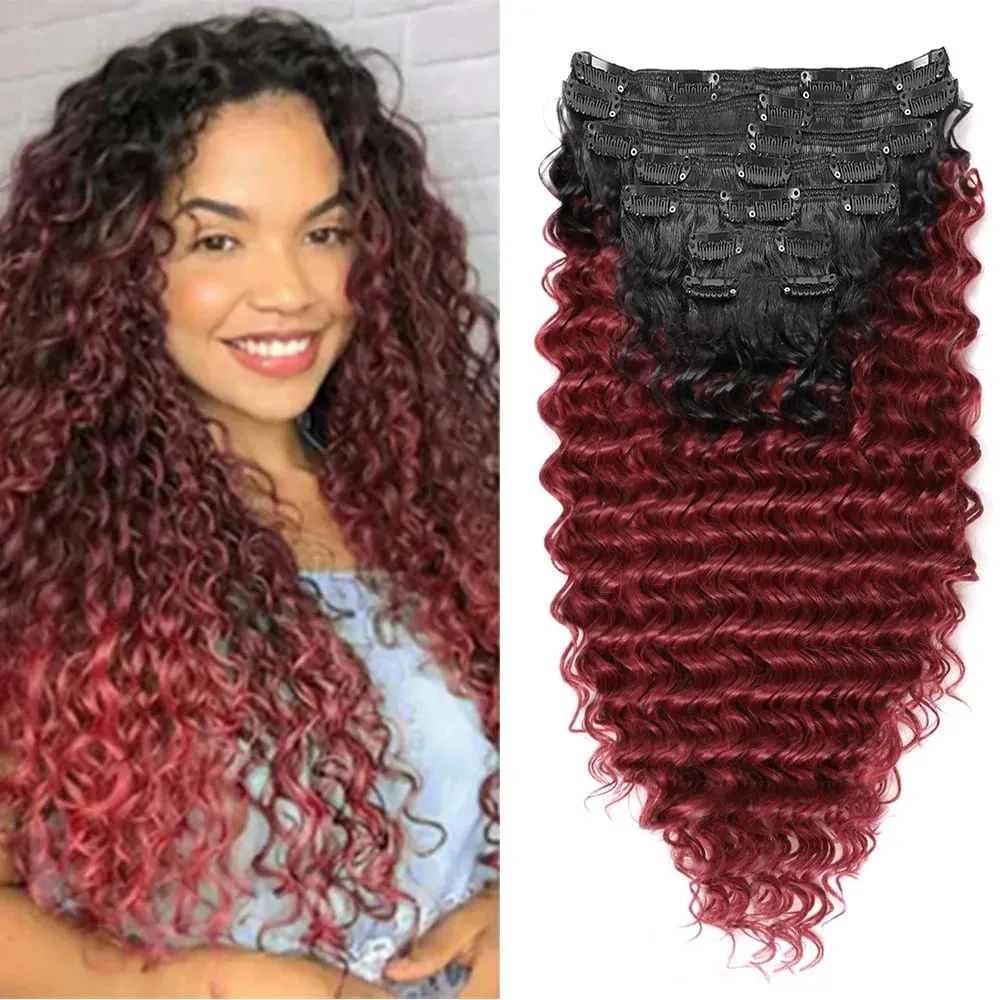 24Inch Synthetic Deep Wave Clip In Hair Extensions 7Pcs/Set 140g Fake Hair Full Head Hairpiece Curly Clip Ins Hair For Women