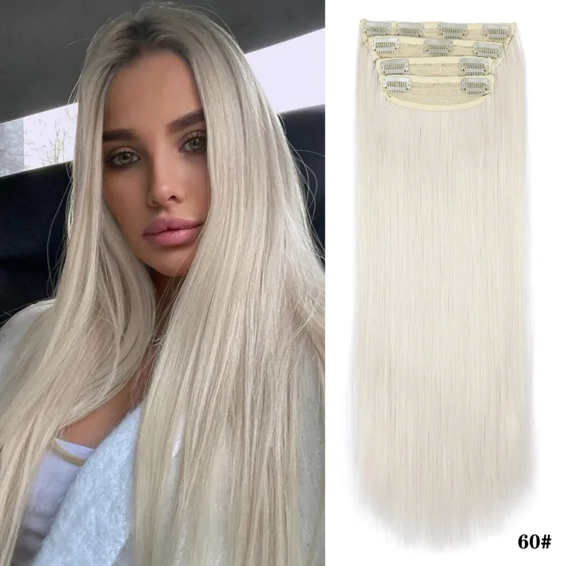 Clipe sintético longo ondulado feminino de alta temperatura, extensão de cabelo sintético, 4 peças, clipe longo, macio, ondas glam, grosso