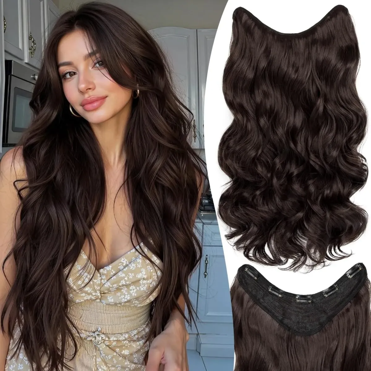 16-24 Inch U-Shape Lace 5 Clips Clip In Hair Extensions Synthetic Long Wave Curly Heat Resistant Full Shine Hair For Women