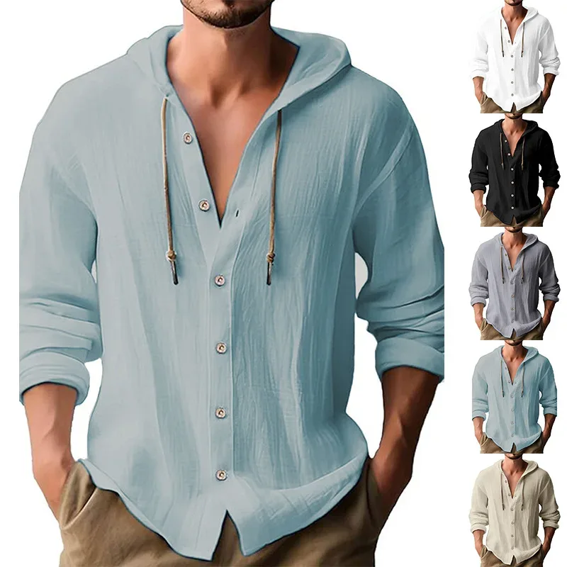 เสื้อเชิ้ตลำลองสีทึบของผู้ชายมีเชือกผูกผ้าฝ้ายและคาร์ดิแกนผ้าลินินอินเทรนด์และอเนกประสงค์หลวมชายหาดเสื้อยืด