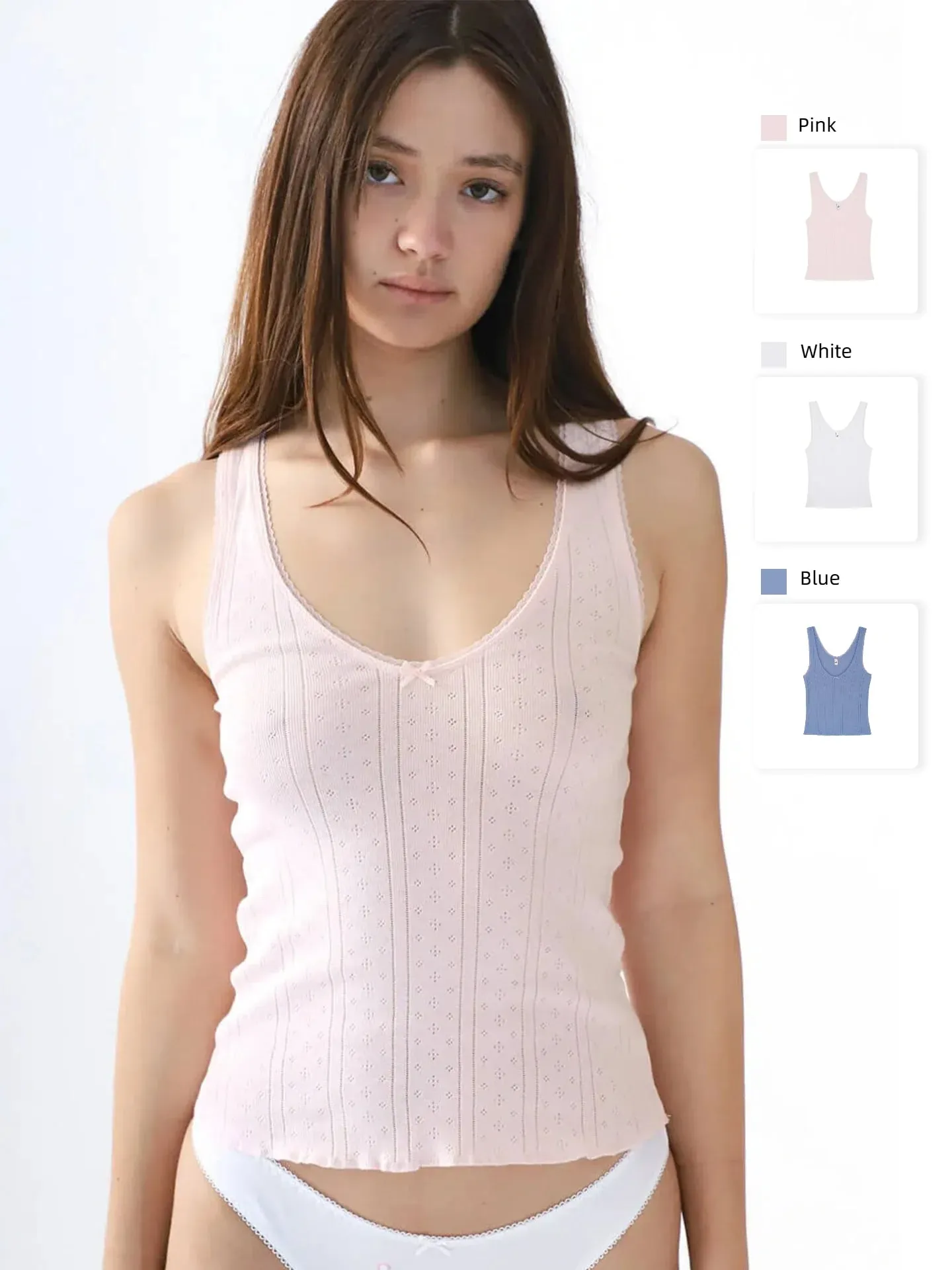 COU Pink and White Lace Trim V-Neck Backless Top Custom Dyed Pure Cotton Jacquard Comfort Fabric