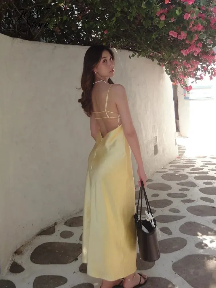 Women Solid Satin Sling Long Dress Casual Backless Sleeveless V-neck Pleated Gowns 2026 Summer Vacation Evening Party Robes
