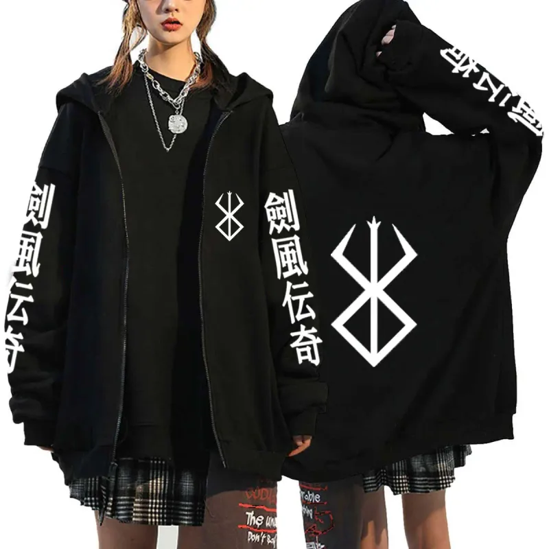 Berserk Zipper Hoodies Lalaki Babae Long Sleeve Sweatshirt Fleece Oversized Jackets Coats Nakakatuwang Berserk Japanese Anime Streetwear