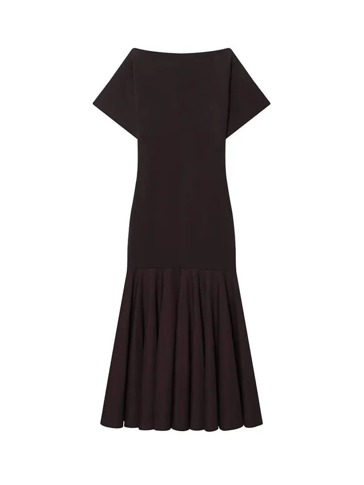 HH 2026 Women Summer Fashion Solid Midi Dress Side Zipper Pleated Woman Ship-type Short Sleeved Stitching Holiday Party Dress — image 4