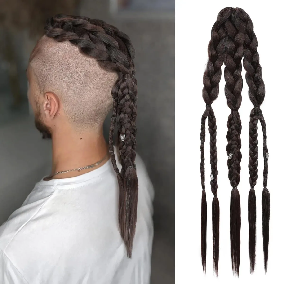 24" Clip In Braided Ponytail Hairpiece for Halloween Viking Costume Renaissance Warrior Accessories - Warm Brown with Highlights