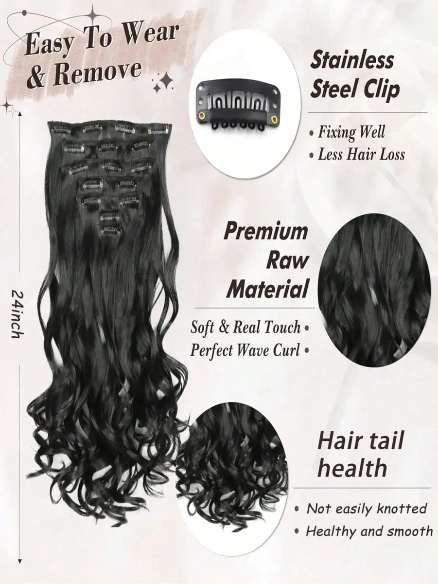 18~30 inch Long Wavy Clip-in Hair Extensions 7pcs/set Thick Hair pieces With Invisible Clips Soft Synthetic Fiber Black — image 3