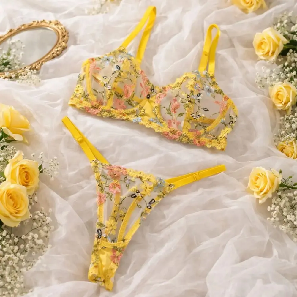 2-Piece Fashion Floral Lingerie Set Sheer Embroidery Underwear Intimates Underwire Push-up Versatile Bra Panty Set For Lady Girl