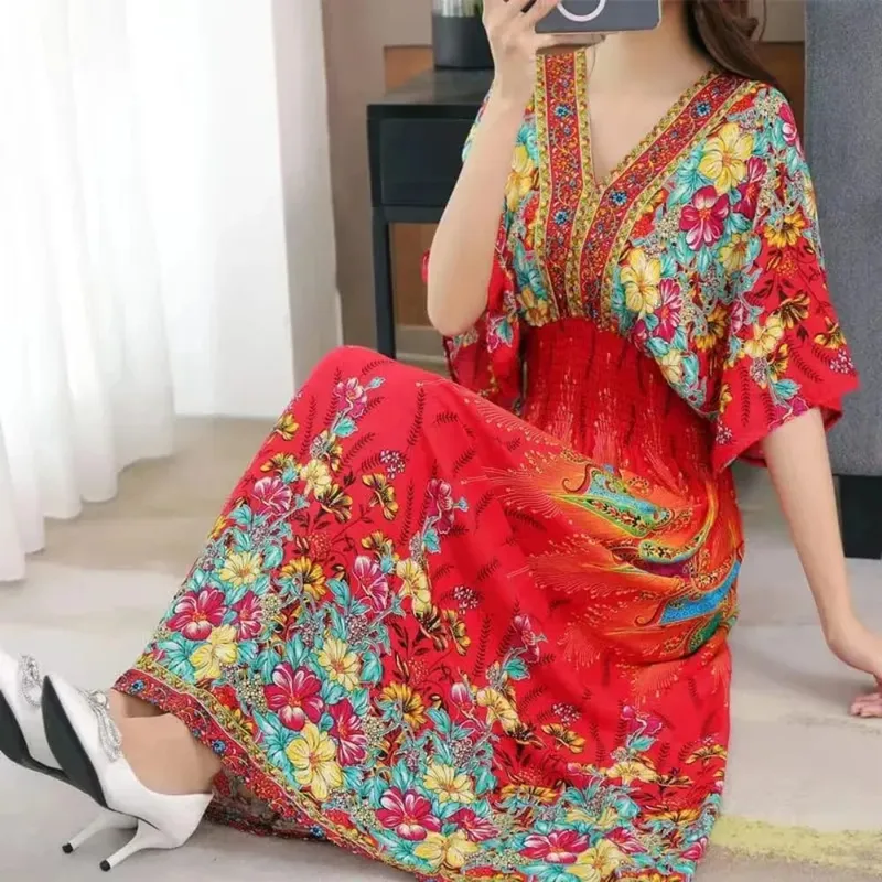Na co dzień elegancki retro czeski styl narodowy dekolt w serek w pasie duża huśtawka z nadrukiem letnia długa spódnica kobieca sukienka ubrania