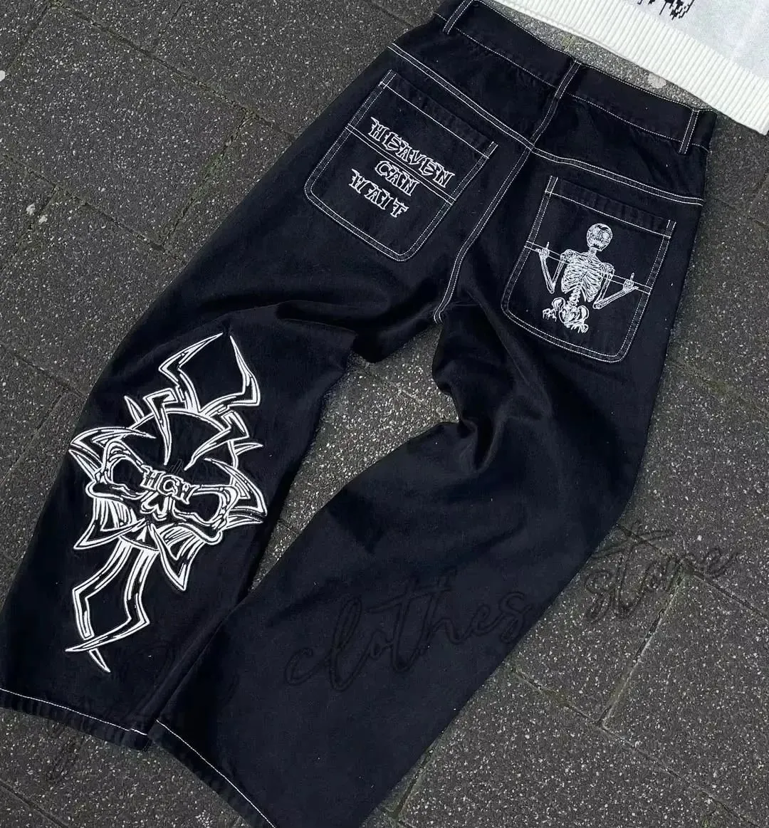 Retro Skull Embroidery Y2K Jeans Mens Hip Hop Washed Baggy Denim Pants New Straight Casual Loose Wide Leg Trouser Streetwear