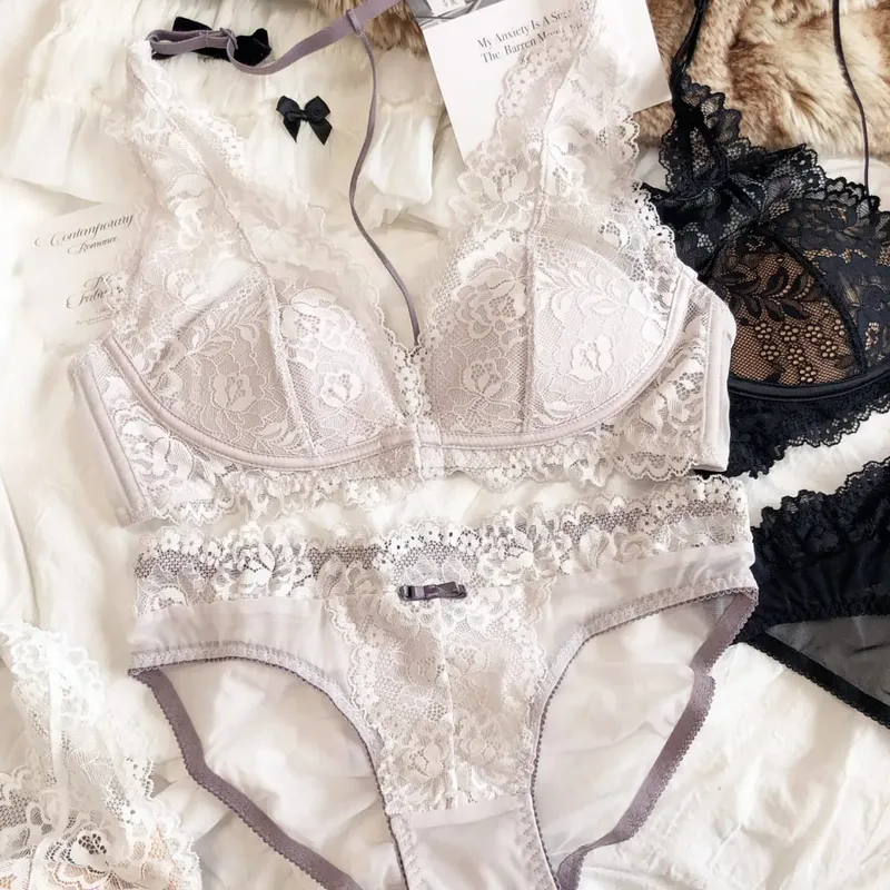 Sexy Lace Embroidery Women Lingerie Set French Thin Cup Halter Bikini Bra High Quality Push Up Bralette Backless Underwear Set
