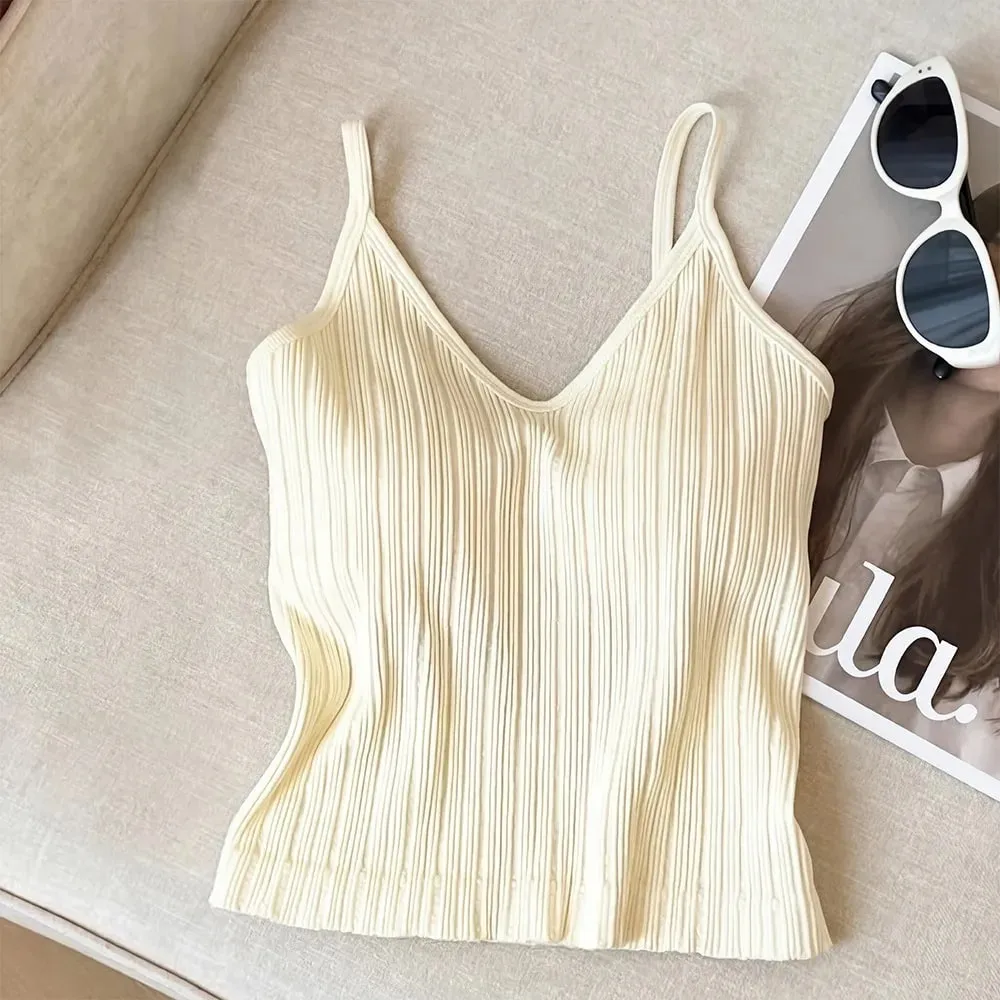 New V-neck Camisole Top Sleeveless Inside Wear Halter Undershirt One-piece Cup French Style Lingerie Summer