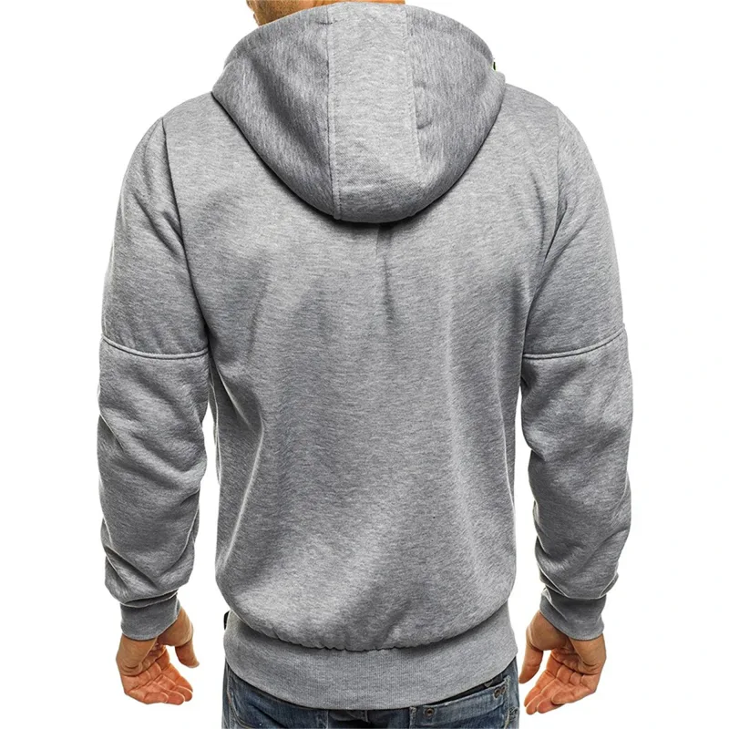 Men's Grey Hooded Sweatshirt Full Zipper Casual Sportswear with Pockets Orange Drawstring plus Size Available