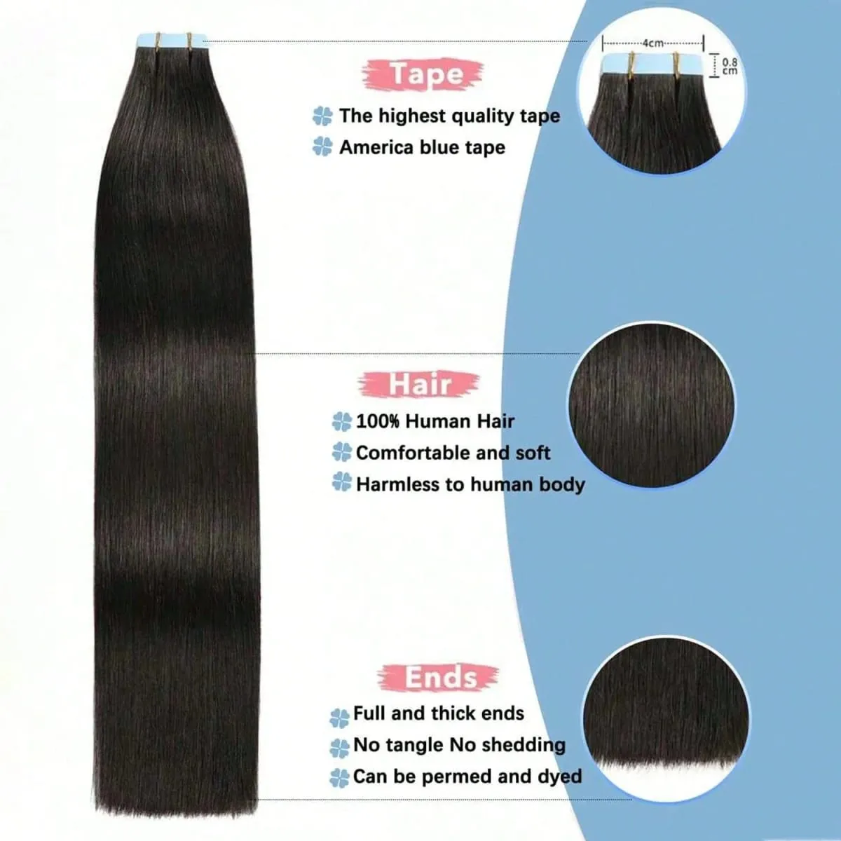 Jessie's Wig #1B Color 20pcs Straight Tape In Human Hair Extension Skin Weft Adhesive Glue On Salon Quality for Woman
