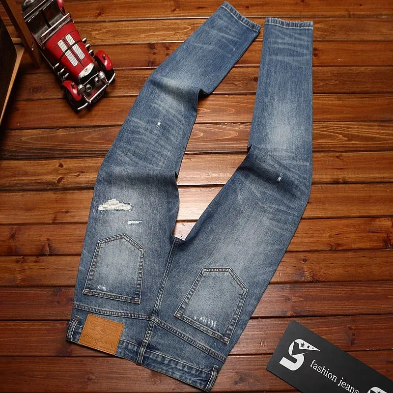 Fake ripped applique American vintage vintage jeans men's youth heavy straight leg loose conical denim pants trend