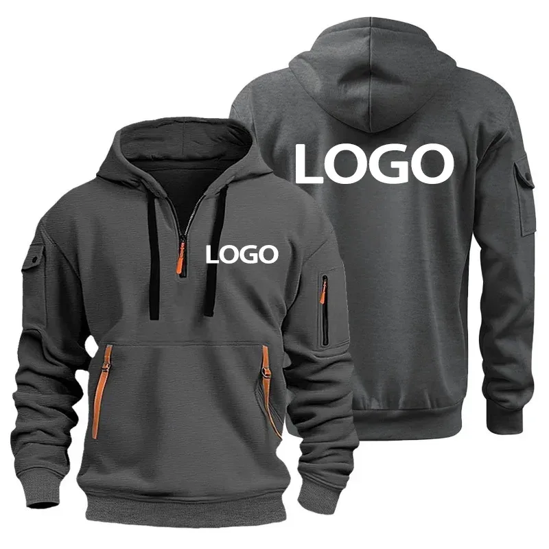 Neuer europäischer Herren-Sportpullover mit Reißverschluss und Armtaschen. Passen Sie Ihren Logo-Kapuzenpullover an und bedecken Sie ihn