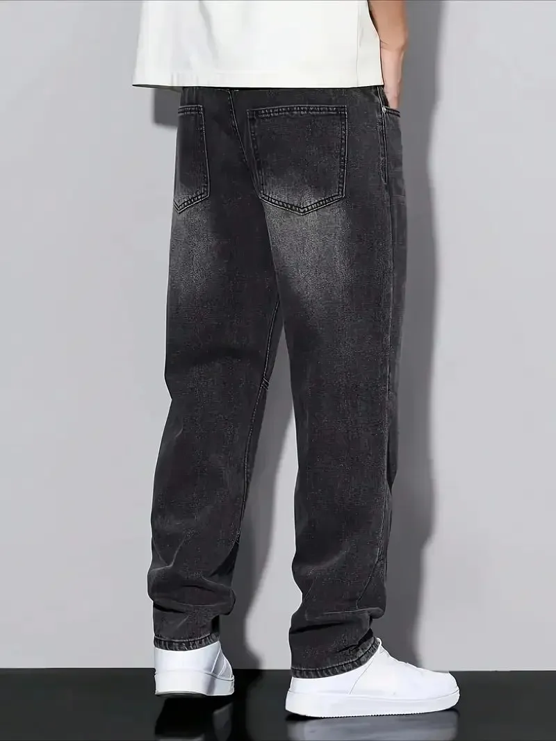 Men's Black Washed Loose-Fit Jeans Straight-Leg Casual Streetwear Trousers for Daily Wear Comfortable Denim-Like Pants