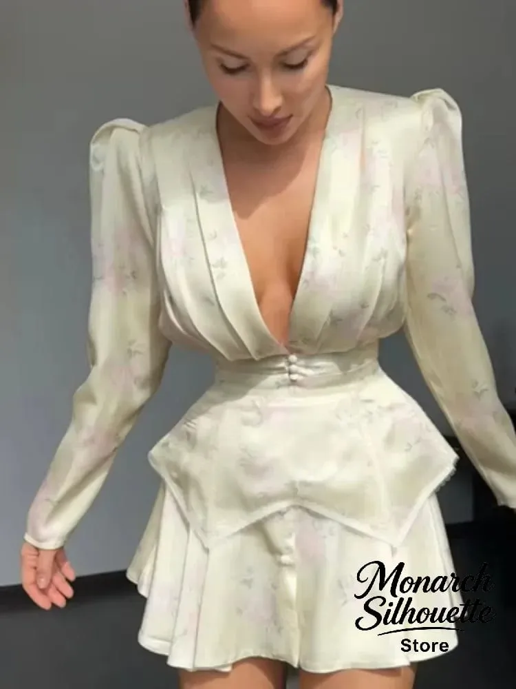 Elegant Floral Printed Mini Dress Women Chic V-neck Full Sleeves Single Breasted Slim A-line Short Dresses 2026 Lady Party Robes