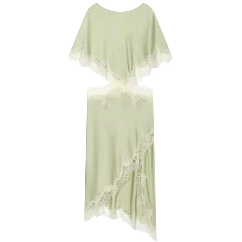 Asymmetric Satin Lace Dress Women's Dress Summer 2026 Sexy Midi O-Neck Batwing Short Sleeve Cut Out Vestidos Party Dresses