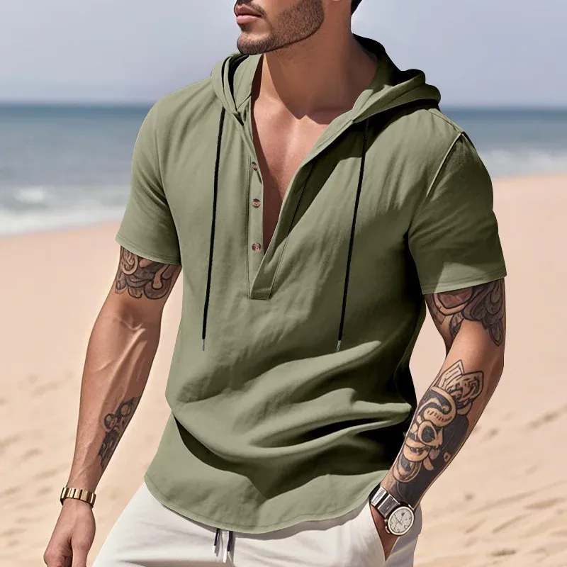 Hoodies men's sweatshirt 2026 summer linen hooded beach casual drawstring short-sleeved T-shirt sweatshirt man's clothing