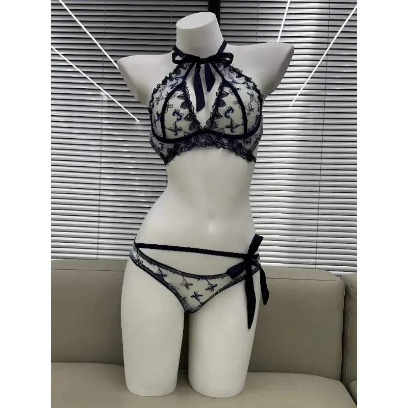 Women's Embroidered Ribbon Bow Bralette & Panty Set Butterfly Mambo Pure Desire Wireless Comfort Bra for Daily Wear MOYISU Sexy