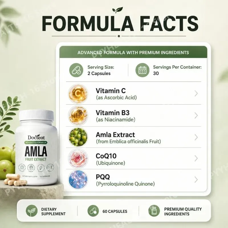 Docteat Amla Fruit Extract Capsules Immune Function Support Skin Health Support with Vitamin C B3 CoQ10 PQQ 60 Capsules