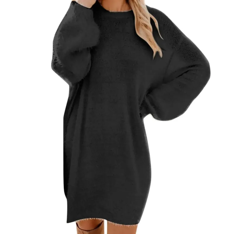 Damski sweter zimowy dzianinowy okrągły dekolt ciepły, długi rękaw O-Neck Casual bluzy sukienka jednolity kolor ponadgabarytowy podstawowy materiał damski