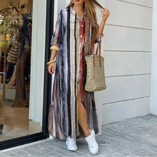 Robe longue en Denim pour femmes, manches longues, chemise, avec poches, boutons, imprimée, décontractée, ample, nouvelle collection automne 2023