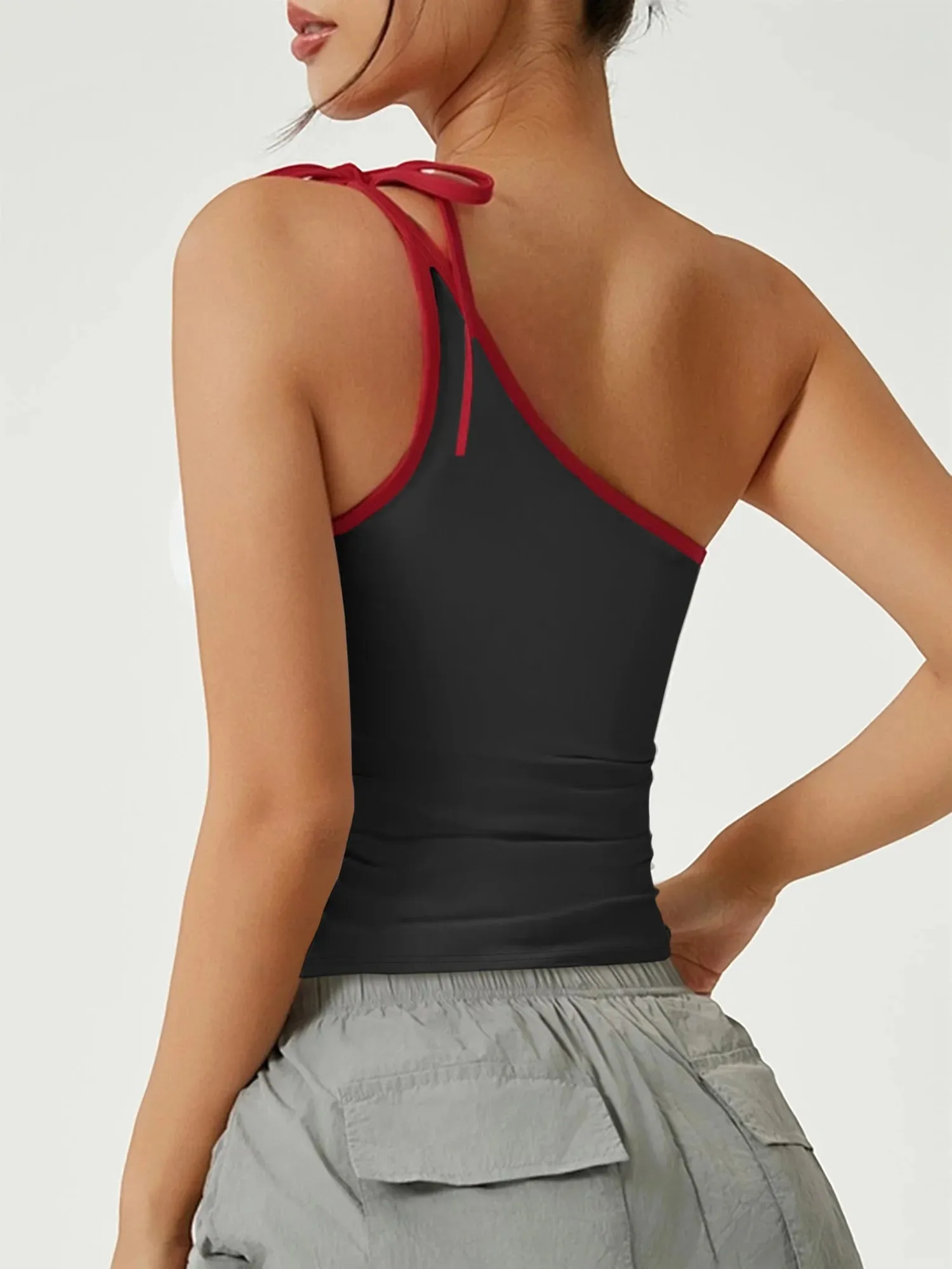 Asymmetric One Shoulder Tie Strap Tank Top Women Red Contrast Trim Slim Fit Crop Cami Summer Y2K Sleeveless Vest