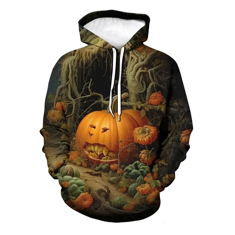 Novelty Halloween Pumpkin Graphic Hoodie Men 3D Printed Skull Sweatshirt Casual Long Sleeve Pullovers Tops Autumn Casual Hoodies