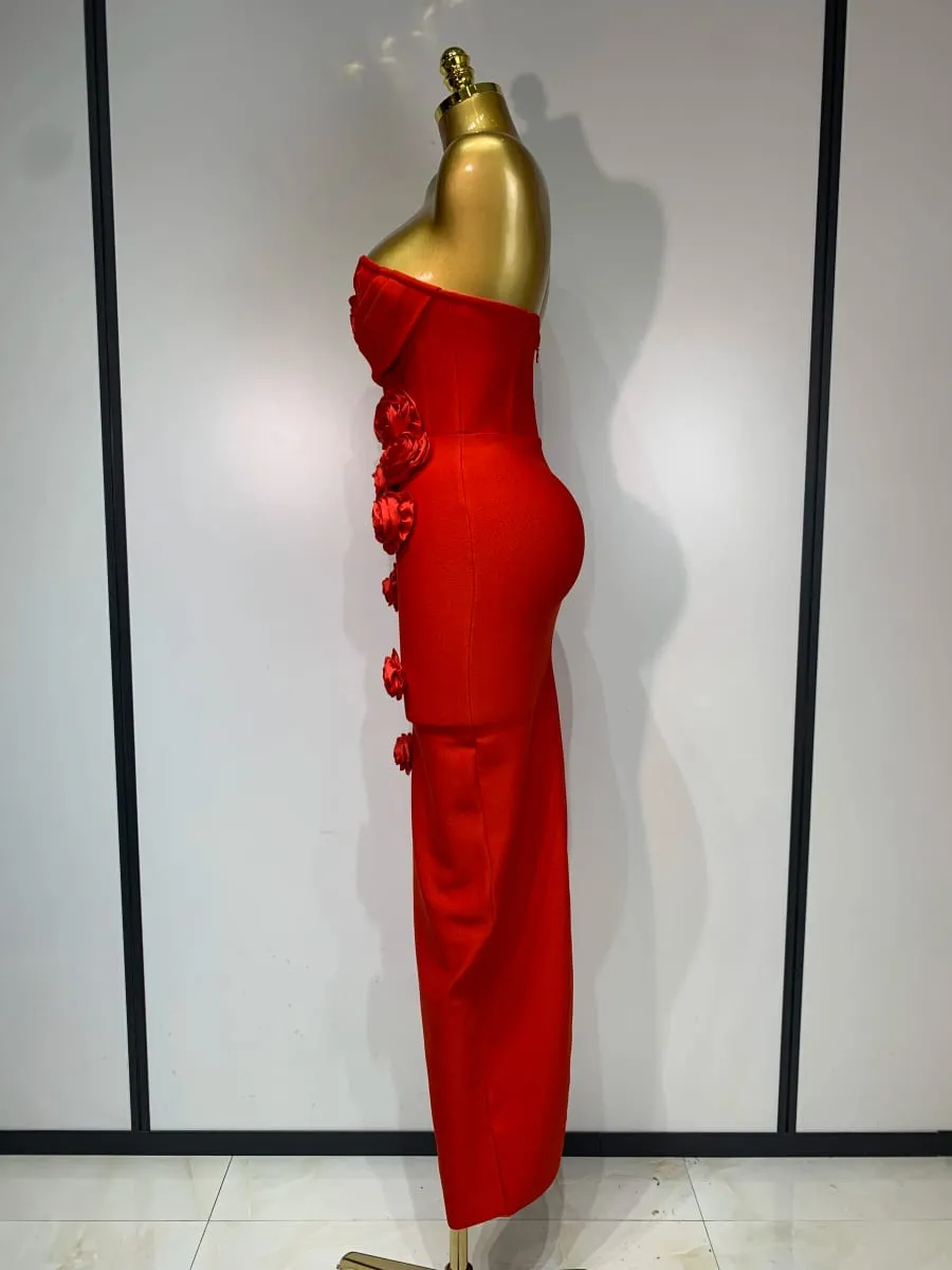 Nejnovější ženy 2025 Sexy šaty bez ramínek bez zad s červeným květem Midi bandážové šaty Celebirtní elegantní večerní narozeninové šaty do klubu