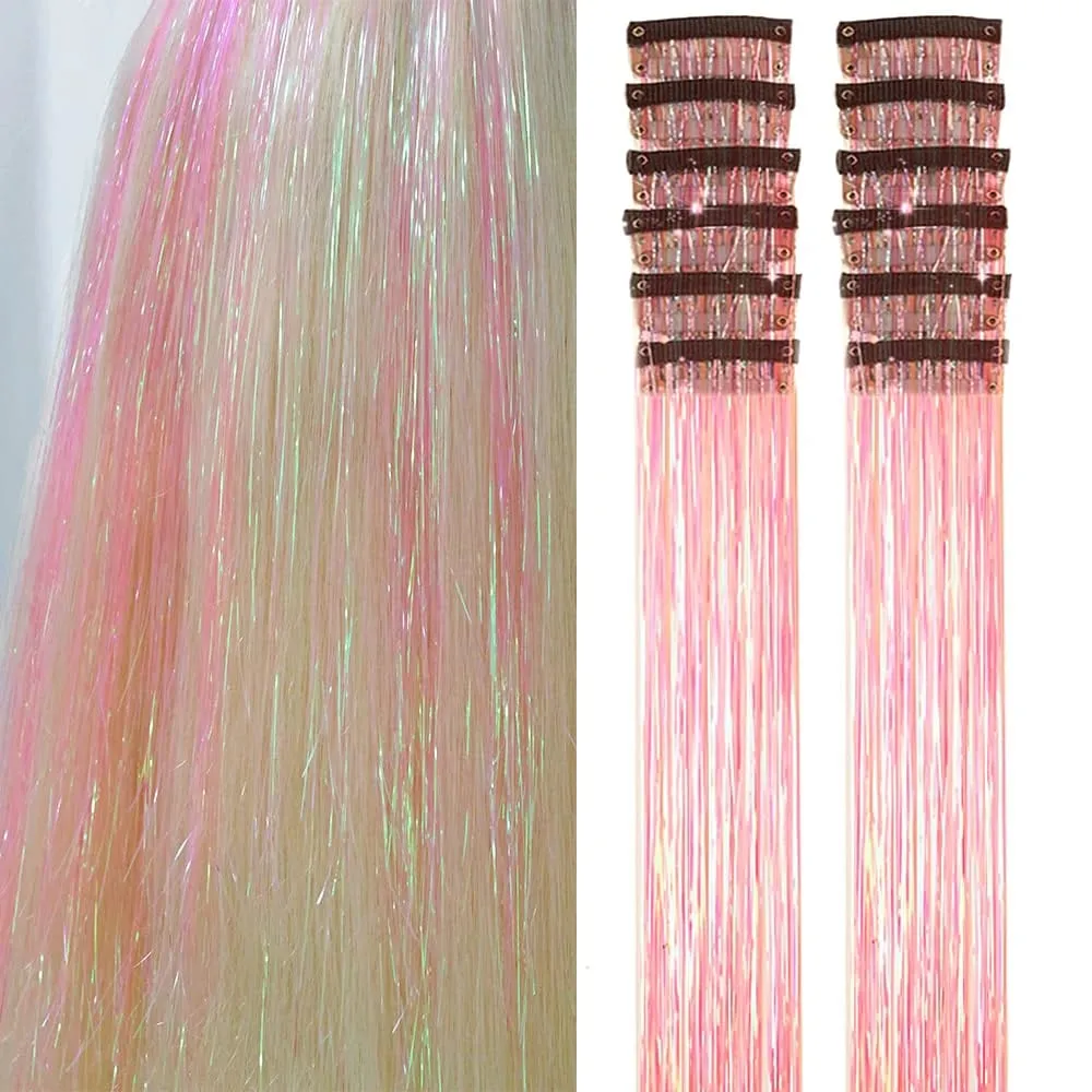 12 Pcs Colorful Clip in Hair Tinsel Extensions Fairy Glitter Hair Accessories synthetic 20‘’ Party Kit for Women Girls Kids