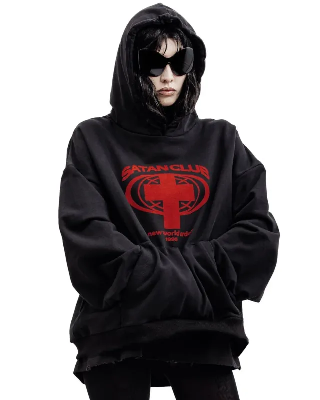 Harajuku Streetwear Oversized Ανδρικό πουλόβερ με κουκούλα Satan Club Φούτερ με κουκούλα γραφικών τύπων Φούτερ Hip Hop Αισθητικά μπλουζάκια Goth Y2k