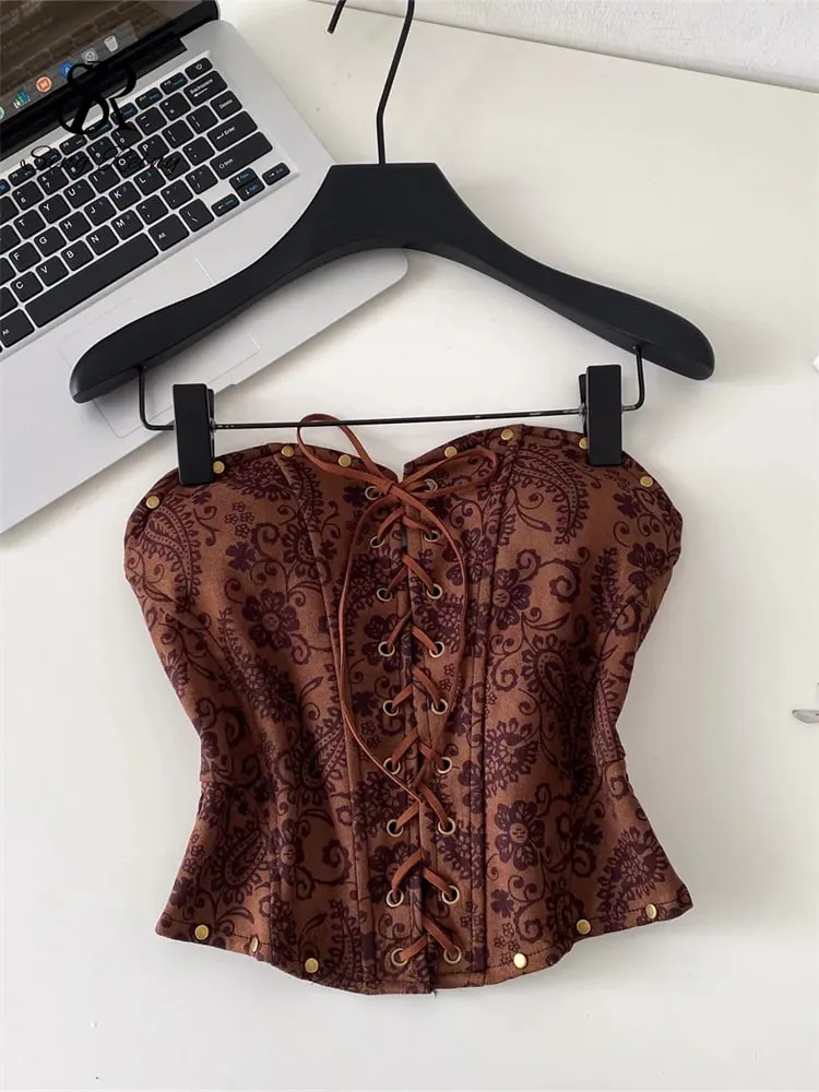 Sexy Leopard Paisley Print Top Spicy Girl Lace Up Stretch Bodycon Strapless Tank Top Ladies Hotsweet Clubwear Camisole