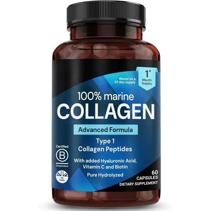Marine Collagen Capsules for Women & Men Type I Peptides with Hyaluronic Acid Vitamin C & Biotin Beauty Glow Nails 60 Count