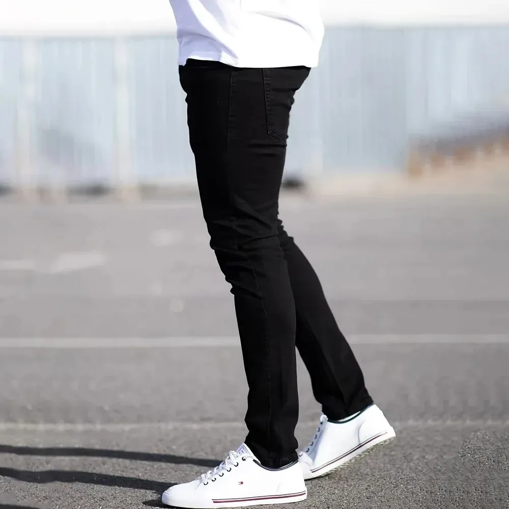 Jarní Pánské Černé Modré Kalhoty Pure Color Streč Džíny Street Ležérní Slim Fit Kalhoty Pánské Vintage Wash Skinny Jeans pro muže